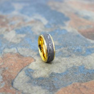 Damascus Steel Ring, Damascus Ring, Damascus Jewelry, Damascus Steel Wedding Ring, Damascus Steel Pattern Laser Engraved Tungsten Wedding Ring, Yellow Gold Wedding Band