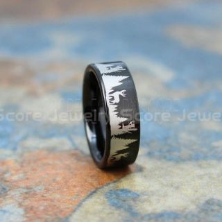 Deer Hunting Ring, Elk Hunting Ring, Deer Hunting Tungsten Ring, Crossbow Deer Hunting Ring, Crossbow Deer Ring, Elk in Forest Scene Ring, Deer Jewelry, Black Tungsten Wedding Band