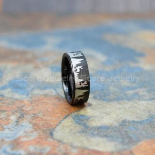 Deer Hunting Ring, Elk Hunting Ring, Deer Hunting Tungsten Ring, Crossbow Deer Hunting Ring, Crossbow Deer Ring, Elk in Forest Scene Ring, Deer Jewelry, Black Tungsten Wedding Band