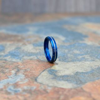 Blue Ring, Blue Wedding Band, Blue Tungsten Ring, Blue Tungsten Wedding Band with Silver Groove
