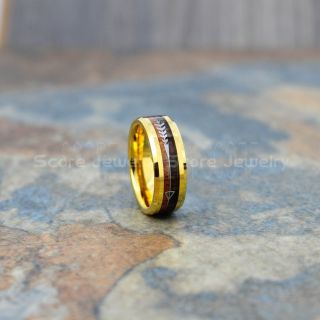 Koa Wood Ring, Koa Wood Wedding Band, 8mm 14K Yellow Gold Tungsten Band with Beveled Edge and Koa Wood Inlay, Koa Wood Tungsten Wedding Ring