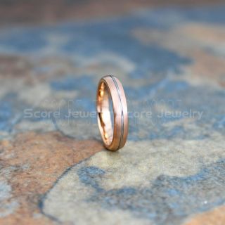 Rose Gold Ring, Rose Gold Wedding Band, Rose Gold Tungsten Ring, Rose Gold Tungsten Wedding Band with Silver Groove