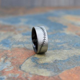 Baseball Ring, Baseball Stitch Pattern Ring, 10mm Black Tungsten Ring, Baseball Jewelry, Black Wedding Band, Black Wedding Ring