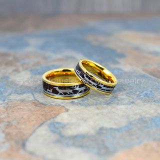Deer Hunting Rings, Elk Hunting Rings, 2 Piece Couple Set Deer Hunting Tungsten Rings, Koa Wood Rings with Deer Family Inlay Tungsten Wood Ring Buck Ring Doe Rings, Deer Wedding Rings
