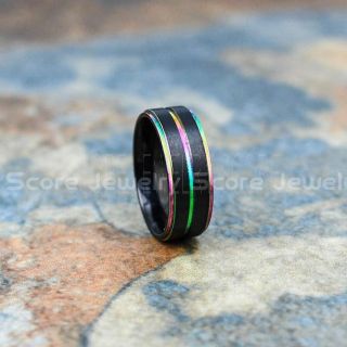 Rainbow Ring, Rainbow Wedding Ring, Rainbow Wedding Band, Black Tungsten Ring with Rainbow Groove, Black Tungsten Ring, Black Ring, Black Wedding Band