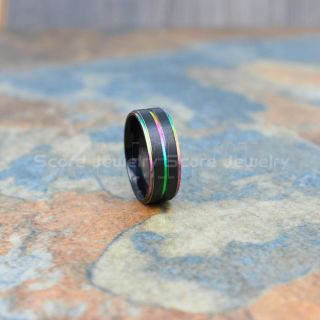 Rainbow Ring, Pride Ring, Black Tungsten Ring with Rainbow Groove, Rainbow Wedding Ring, Rainbow Wedding Band, Black Tungsten Wedding Ring