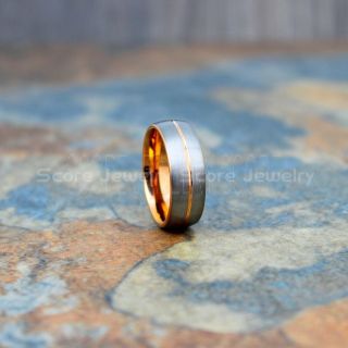 Rose Gold Ring, Rose Gold Wedding Band, Silver Tungsten Ring, Silver Tungsten Wedding Band with 14K Rose Gold Groove, Silver Wedding Band, Silver Wedding Ring, Silver Tungsten Wedding Band