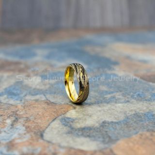 Damascus Steel Ring, Damascus Steel Wedding Band, Yellow Gold Ring, Yellow Gold Tungsten Band with Domed Edge Damascus Steel Pattern Laser Engraved Tungsten Wedding Ring