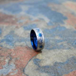 Sun and Moon Ring, Sun and Moon Wedding Band, Tribal Sun Ring, Floral Tribal Sun Wedding Ring, Blue Tungsten Wedding Ring, Blue Ring, Blue Tungsten Band, Sun and Moon Wedding Band
