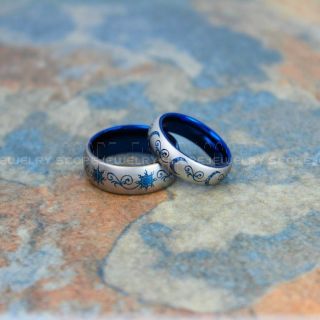 Sun and Moon Rings, 2 Piece Couple Set Sun and Moon Wedding Bands, Tribal Sun and Moon Rings, Floral Tribal Sun Wedding Rings, Blue Tungsten Wedding Rings, Blue Rings, Blue Tungsten Bands, Sun and Moon Wedding Bands