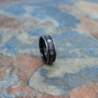 Sun and Moon Ring, Sun and Moon Wedding Band, Tribal Sun Ring, Floral Tribal Sun Wedding Ring, Black Tungsten Wedding Ring, Black Ring, Black Tungsten Band, Sun and Moon Wedding Band