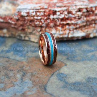 Turquoise Ring, Turquoise Wedding Band, Koa Wood Ring, 14K Rose Gold Wedding Band, Rose Gold Tungsten Band, Turquoise Tungsten Wedding Ring, Koa Wood Tungsten Ring, Koa Wood Wedding Band