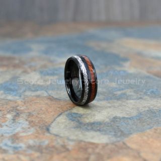 Meteorite Ring, Koa Wood Ring, Black Tungsten Band with Meteorite Inlay, Meteorite Wedding Band, Meteorite Wedding Ring, Black Tungsten Ring