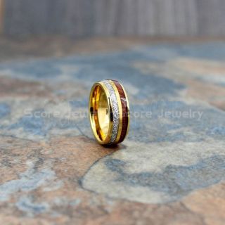 Meteorite Ring, Koa Wood Ring, 14K Yellow Gold Tungsten Band with Meteorite Inlay, Meteorite Wedding Band, Meteorite Wedding Ring, Yellow Gold Tungsten Ring