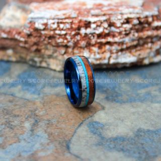 Turquoise Ring, Turquoise Wedding Band, Antler Ring, Antler Wedding Band, Koa Wood Ring, Blue Tungsten Wedding Band, Turquoise Tungsten Wedding Ring, Koa Wood Tungsten Ring