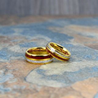 Meteorite Ring, Koa Wood Ring, 14K Yellow Gold Tungsten Band with Meteorite Inlay, Meteorite Wedding Band, Meteorite Wedding Ring, Yellow Gold Tungsten Ring