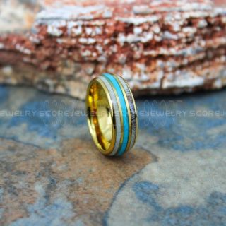 Turquoise Ring, Turquoise Wedding Band, Antler Ring, Antler Wedding Band, Deer Antler Ring, 14K Yellow Gold Tungsten Wedding Band, Turquoise Tungsten Wedding Ring, Tungsten Ring