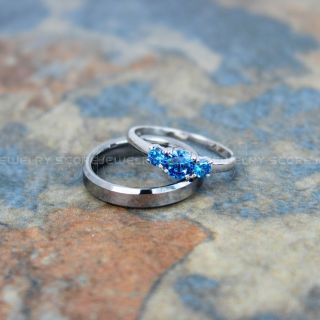 Silver Wedding Band, Silver Wedding Ring, 2 Piece Wedding Ring Set 4mm Silver Tungsten Band and 3mm .925 Sterling Silver Three Stone Engagement Ring