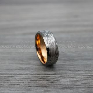 Gunmetal Ring, Damascus Steel Ring, Rose Gold Ring, Rose Gold Tungsten Band, Damascus Steel Pattern Laser Engraved Tungsten Wedding Ring