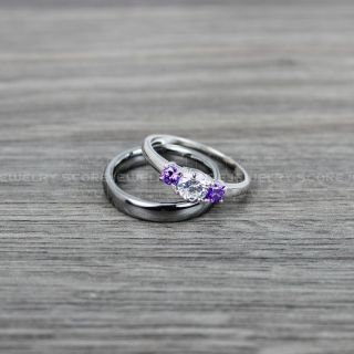 Silver Wedding Band, Silver Wedding Ring, 2 Piece Wedding Ring Set 4mm Silver Tungsten Band and 3mm .925 Sterling Silver Three Stone Engagement Ring