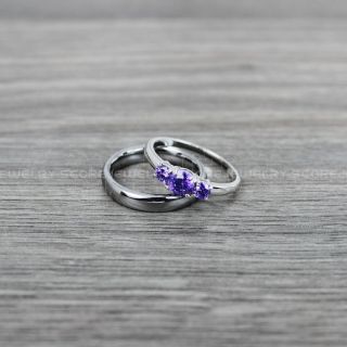 Silver Wedding Band, Silver Wedding Ring, 2 Piece Wedding Ring Set 4mm Silver Tungsten Band and 3mm .925 Sterling Silver Three Stone Engagement Ring