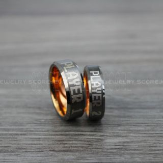 Player 1 Player 2 Rings, Gamer Rings, Gunmetal Tungsten Rings, Gunmetal Wedding Bands, Couple Ring Set Gunmetal  Gamer Rings