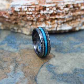 Turquoise Ring, Turquoise Wedding Band with Damascus Steel Pattern, Antler Ring, Antler Wedding Band, Deer Antler Ring, Blue Tungsten Wedding Band, Turquoise Tungsten Wedding Ring, Tungsten Ring