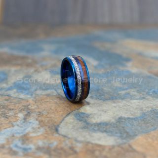 Meteorite Ring, Koa Wood Ring, Wood Wedding Band, Koa Wood Wedding Ring, Blue Tungsten Band with Meteorite Inlay, Meteorite Wedding Band, Meteorite Wedding Ring, Blue Tungsten Ring