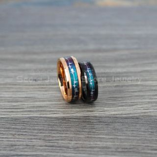 Heartbeat Rings, 2 Piece Couple Set Heartbeat Wedding Bands, Black Tungsten Wedding Bands, Black Wedding Bands, Heartbeat Wedding Rings, Black Wedding Rings