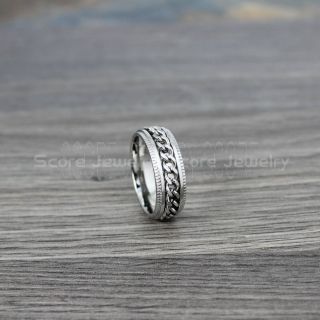 Silver Stainless Steel Ring, Spinner Ring with Silver Plated Steel Chain Link Inlay, Silver Wedding Band, Silver Spinner Ring