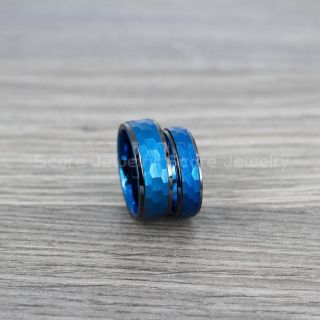 Hammered Rings, 2 Piece Couple Set Wedding Rings, Blue Wedding Bands, Blue Hammered Tungsten Bands, Blue Wedding Rings, Blue Tungsten Wedding Rings