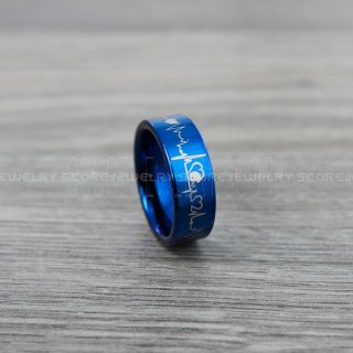 Football Ring, Heartbeat Football Ring, Blue Tungsten Ring, Blue Wedding Band, Football Jewelry 