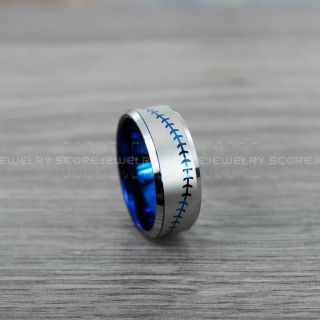 Baseball Ring, Baseball Stitch Pattern Ring, 10mm Blue Tungsten Ring, Baseball Jewelry, Blue Wedding Band, Blue Wedding Ring