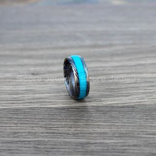 Turquoise Ring, Turquoise Wedding Band, Blue Tungsten Band Turquoise Inlay, Damascus Steel Pattern Laser Engraved, Turquoise Tungsten Wedding Ring