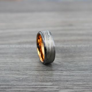 Gunmetal Ring, Damascus Steel Ring, Rose Gold Ring, Rose Gold Tungsten Band, Damascus Steel Pattern Laser Engraved Tungsten Wedding Ring