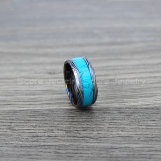 Turquoise Ring, Turquoise Wedding Band, Blue Tungsten Band Turquoise Inlay, Damascus Steel Pattern Laser Engraved, Turquoise Tungsten Wedding Ring