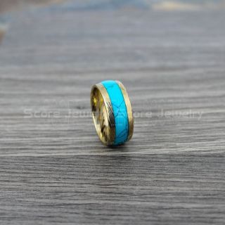 Turquoise Ring, Turquoise Wedding Band, 14K Yellow Gold Tungsten Band Turquoise Inlay, Damascus Steel Pattern Laser Engraved, Turquoise Tungsten Wedding Ring