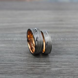 2 Piece Couple Set Damascus Steel Rings, Gunmetal Rings, Rose Gold Tungsten Bands Damascus Steel Pattern Laser Engraved Tungsten Wedding Rings