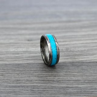 Turquoise Ring, Turquoise Wedding Band, Black Tungsten Band Turquoise Inlay, Damascus Steel Pattern Laser Engraved, Turquoise Tungsten Wedding Ring