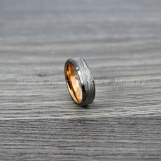 Gunmetal Ring, Damascus Steel Ring, Rose Gold Ring, Rose Gold Tungsten Band, Damascus Steel Pattern Laser Engraved Tungsten Wedding Ring