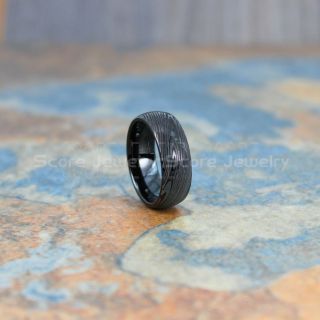 Damascus Steel Ring, Damascus Steel Wedding Band, Black Ring, Black Tungsten Band Damascus Steel Pattern Laser Engraved Tungsten Wedding Ring