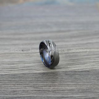 Damascus Steel Ring, Damascus Ring, Damascus Jewelry, Damascus Steel Wedding Ring, Damascus Steel Pattern Laser Engraved Tungsten Wedding Ring, Black Wedding Band