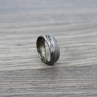 Damascus Steel Ring, Damascus Steel Wedding Band, Black Ring, Black Tungsten Band Damascus Steel Pattern Laser Engraved Tungsten Wedding Ring