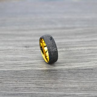 Damascus Steel Ring, Damascus Steel Wedding Band, Black Ring, Black Tungsten Band Damascus Steel Pattern Laser Engraved Tungsten Wedding Ring
