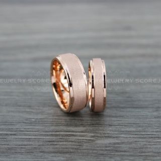Sandblasted Rings, Sand Blast Finish Tungsten Rings, 2 Piece Couple Set 14K Rose Gold Tungsten Bands with Step Edge Sandblasted Finish Tungsten Wedding Bands, Rose Gold Wedding Rings, Sandblasted Tungsten Rings