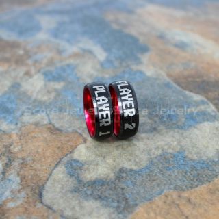 Player 1 Player 2 Rings, Gamer Rings, Red Tungsten Rings, Black Wedding Bands, Couple Ring Set Gamer Rings