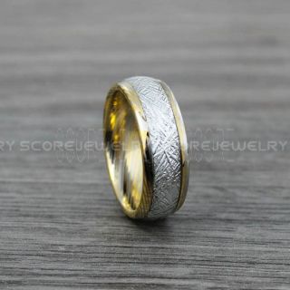 Meteorite Ring, 14K Yellow Gold Tungsten Band with Meteorite Inlay, Meteorite Wedding Band, Meteorite Wedding Ring, Damascus Steel Pattern Tungsten Ring, Damascus Steel Wedding Ring