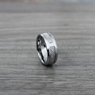 Meteorite Ring, Silver Tungsten Band with Meteorite Inlay and AAAAA White CZ Stone, Meteorite Wedding Band, Meteorite Wedding Ring, Silver Tungsten Ring, Silver Wedding Band
