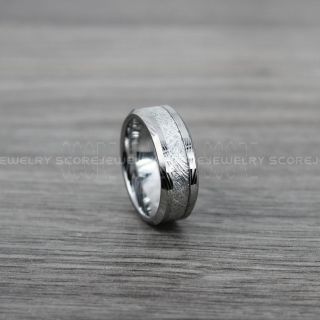 Meteorite Ring, Silver Tungsten Band with Meteorite Inlay and Damascus Steel Pattern, Meteorite Wedding Band, Meteorite Wedding Ring, Silver Tungsten Ring, Silver Wedding Band