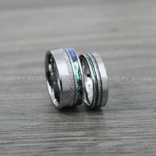 Meteorite Rings, Abalone Shell Rings, Abalone Rings, 2 Piece Couple Set 10mm & 6mm Silver Tungsten Wedding Bands, Tungsten Rings with Imitation Meteorite Texture Inlay